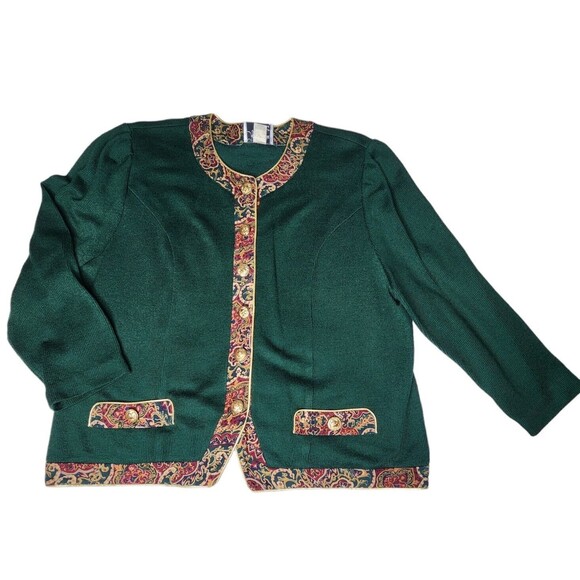 Vintage Jeffrey & Dara Sz 18 Button Paisley Knit Cardigan Green Gold Sweater - Picture 1 of 12